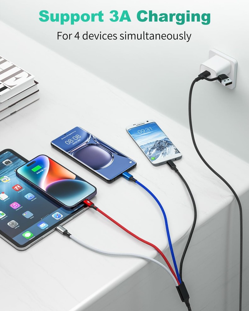 Multi Charging Cable (3Pack 6FT) 4 in 1 USB for 6FT, Black