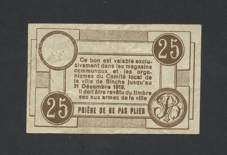 BELGIUM 25 centimes 1918 Binche Banknotes
