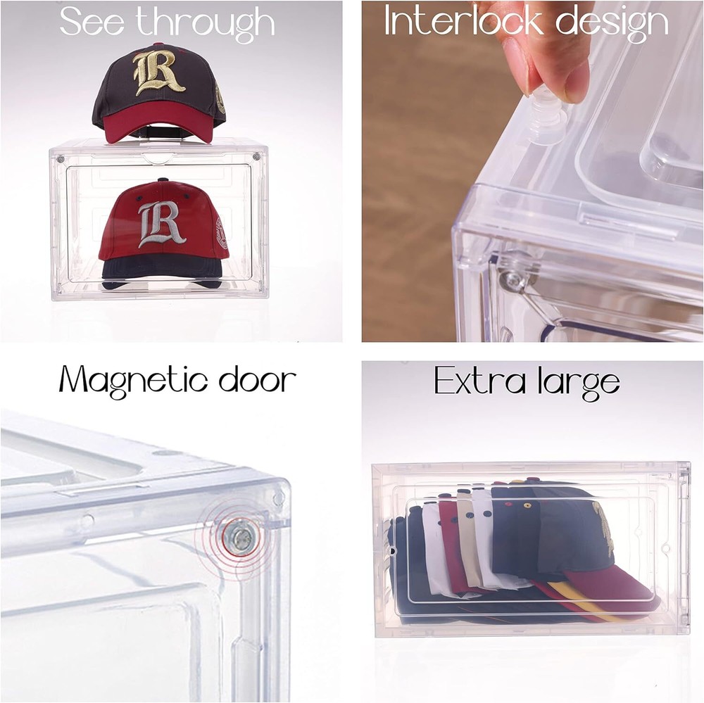 6-Pack Hat Organizer Transparent Hat Storage Box Stackable Clear Hat Rack