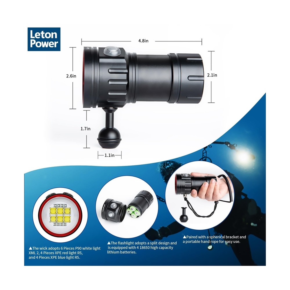 LetonPower B24 Dive Light Underwater Flashlight 9000Lumens Underwater Video L...
