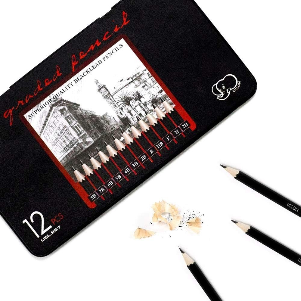 12 Graphite Art Pencil Set with Erasable Feature - Storage Case Included