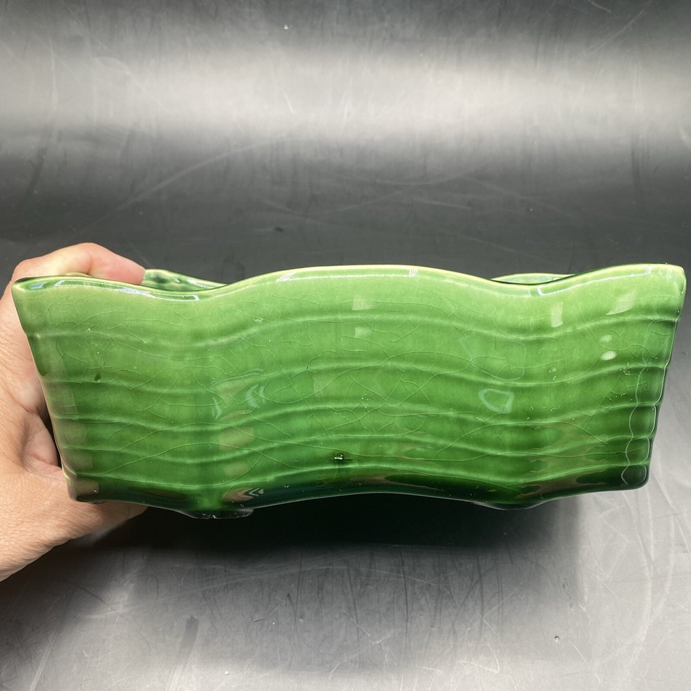 McCoy USA Green Ruffled Edge Striped Rectangular Pottery Planter Vase
