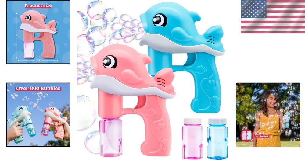 Whale Bubble Guns Kit - 2 Automatic Bubble Makers with 4 Solutions for Kids