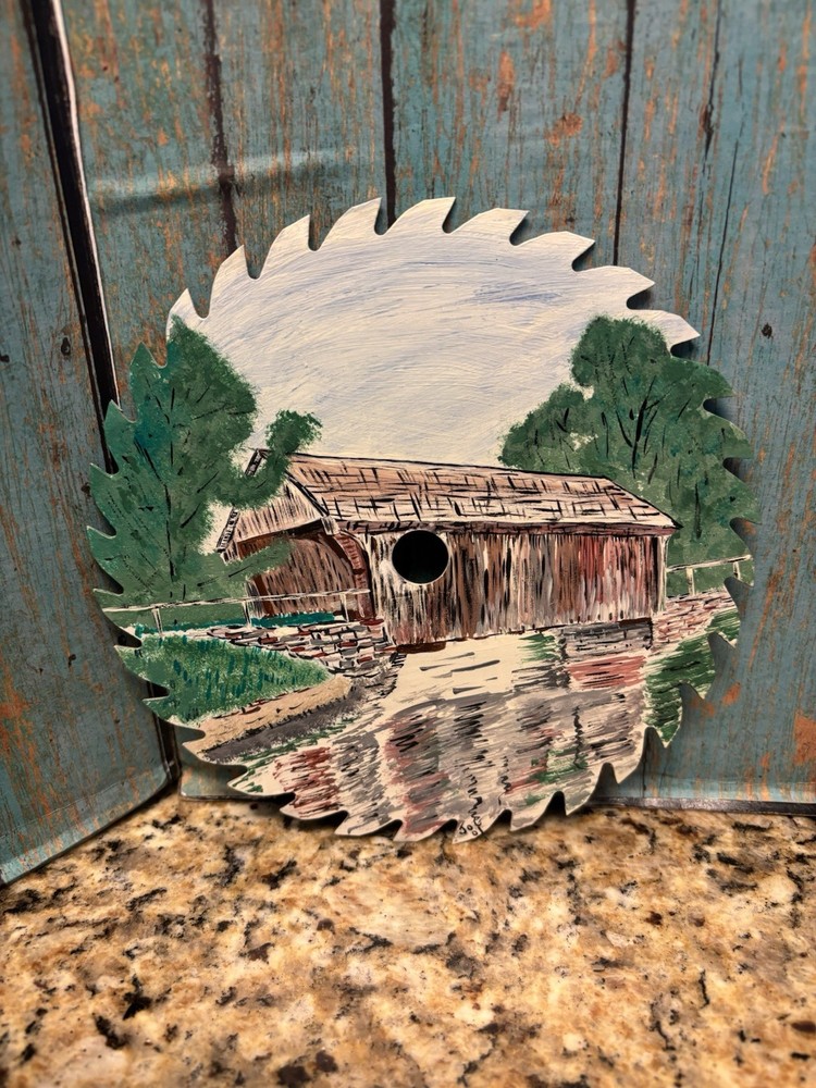 2001 Hand Painted Circular Saw Blade Folk Art 7” Rustic Covered Bridge Signed