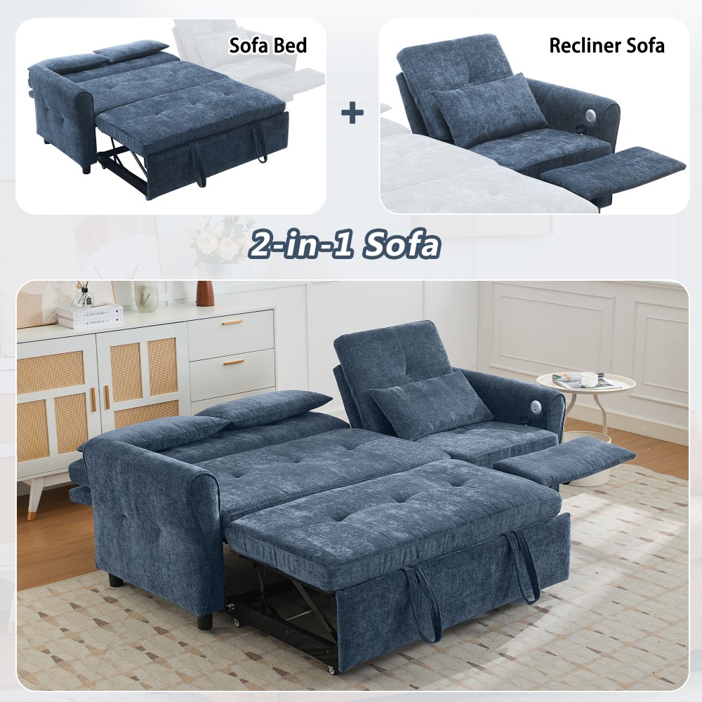 82" Blue Chenille Sofa Bed w/ Reversible Recliner, Adjustable Backrest, USB