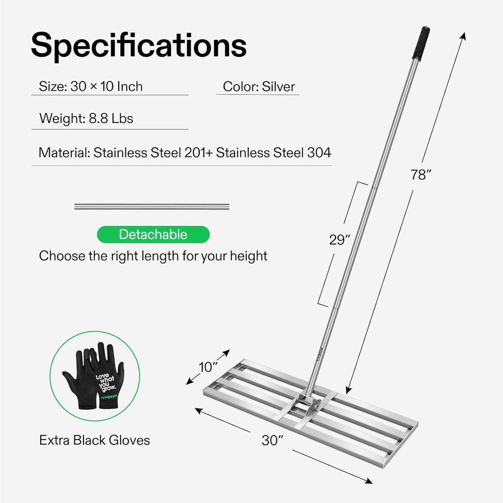 30" Heavy-Duty Lawn Leveling Rake with 7FT Adjustable Handle for Smooth Soil