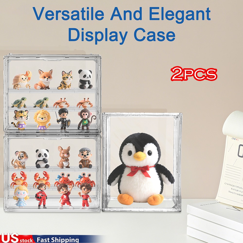 2PCS Clear Acrylic 3 Tier Figure Display Case w/2 Movable Plates Stackable Show