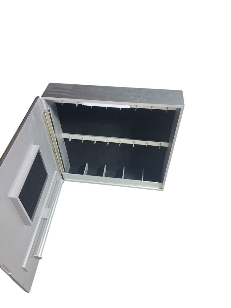 Metal Storage Cabinet with Grid Pattern Front, Hooks, and Compartments