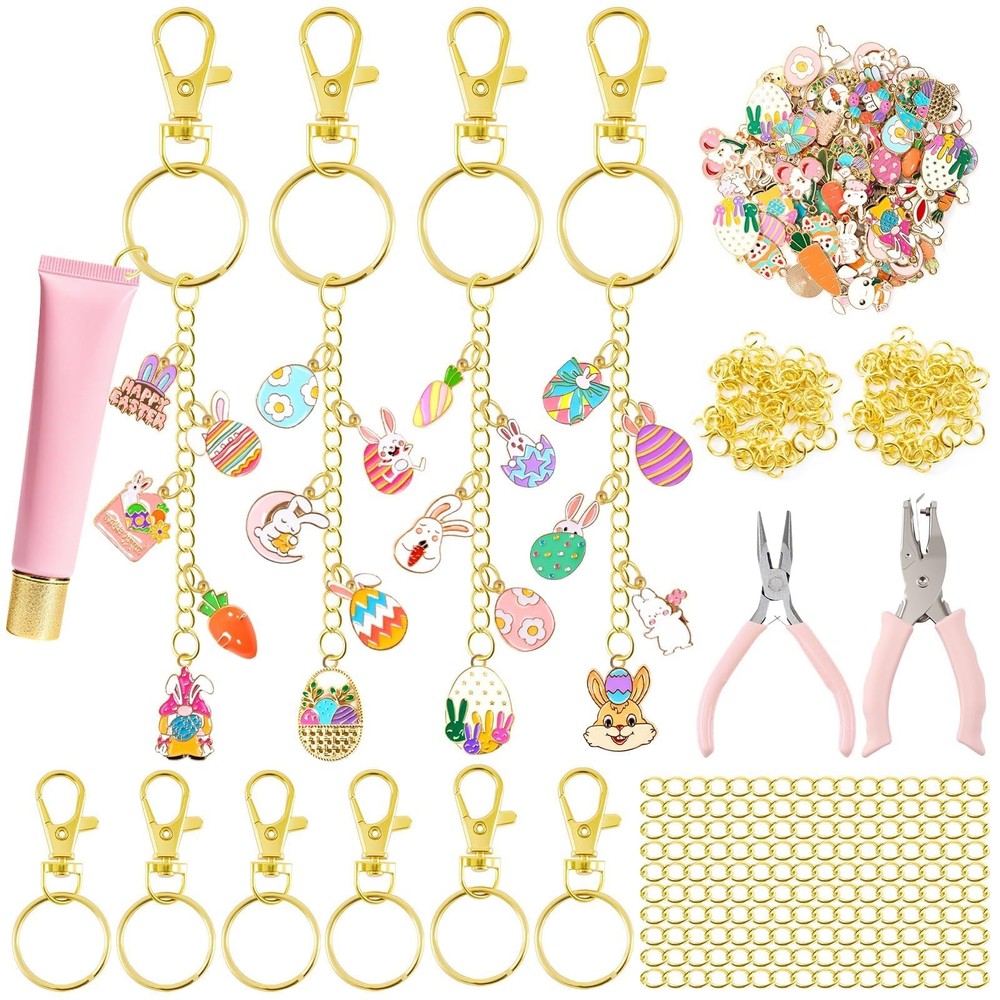 254 Pcs Cute Easter Charms Lip Gloss Keychain Making Kit Include Assorted Bun...