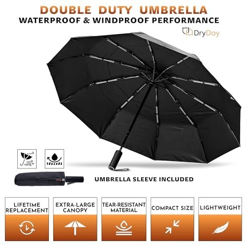 Large Windproof Travel Umbrella - Auto Open Close, Compact, Durable, Waterproof,