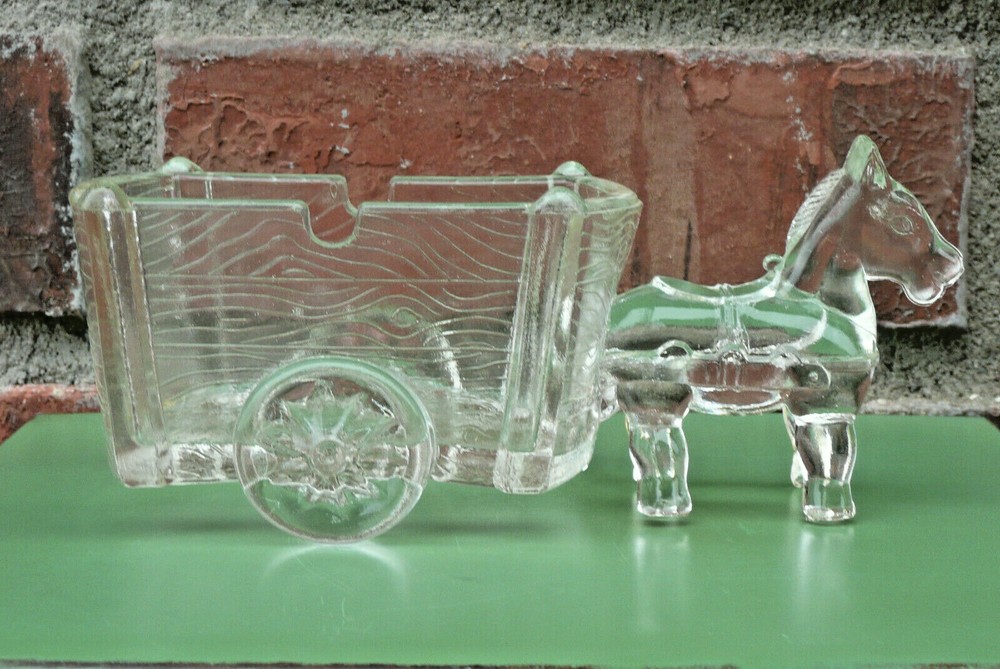 DONKEY Pulling Cart / Wagon Vintage Glass CANDY CONTAINER ~ Excellent Condition