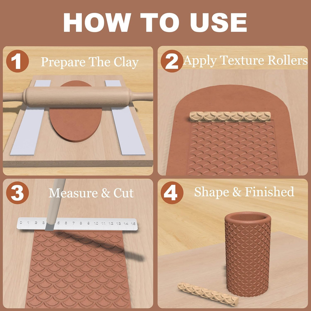 Clay Texture Rollers | 10-Pack Polymer Clay Texture Roller Set for Pottery & Cra