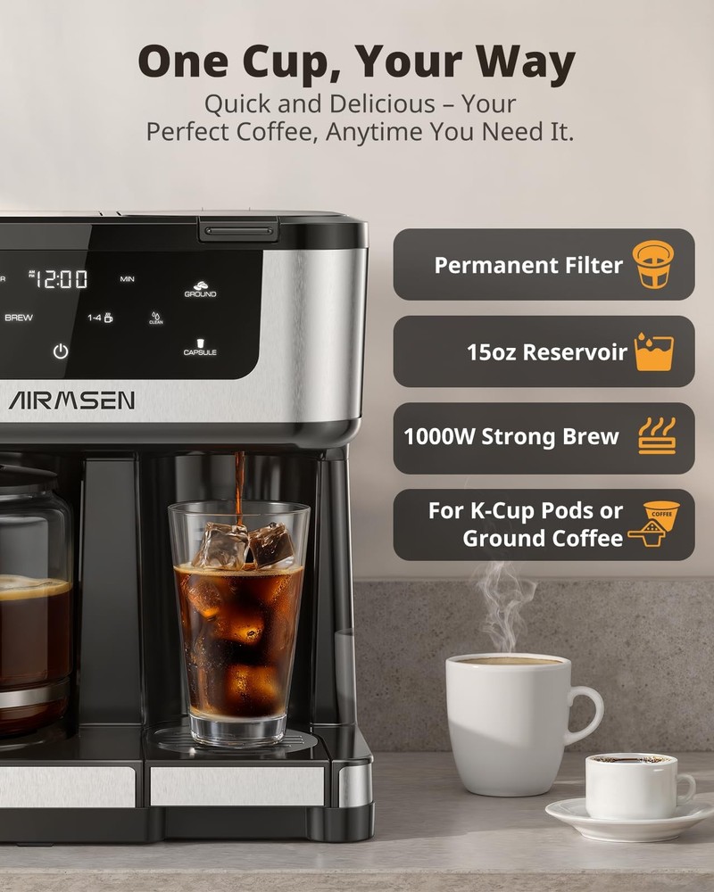 AIRMSEN 12-Cup Programmable Dual Coffee Maker – Single Serve Machine for K-Cu...