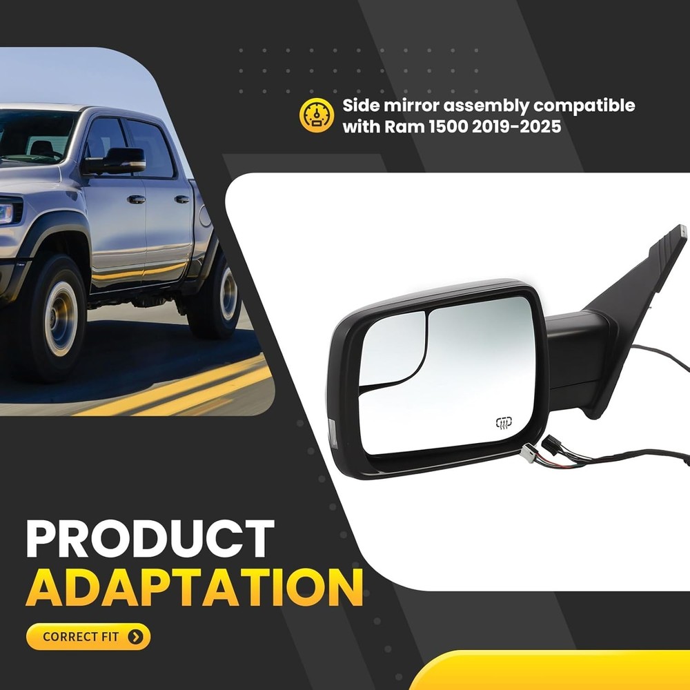 Left Driver Side Mirror Assembly Compatible with Ram 1500 2019-2025 Power Foldin