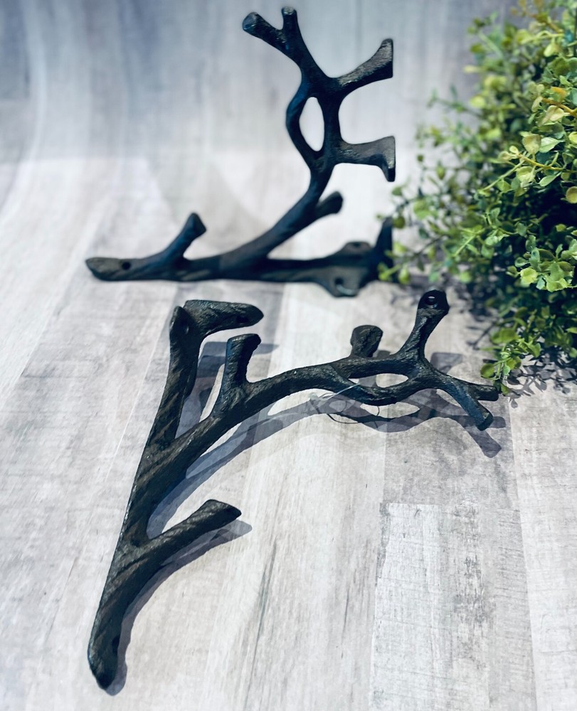 2 Rustic Cast Iron Shelf Bracket Wall Mount Hardware Brace Tree Branch Sculpture