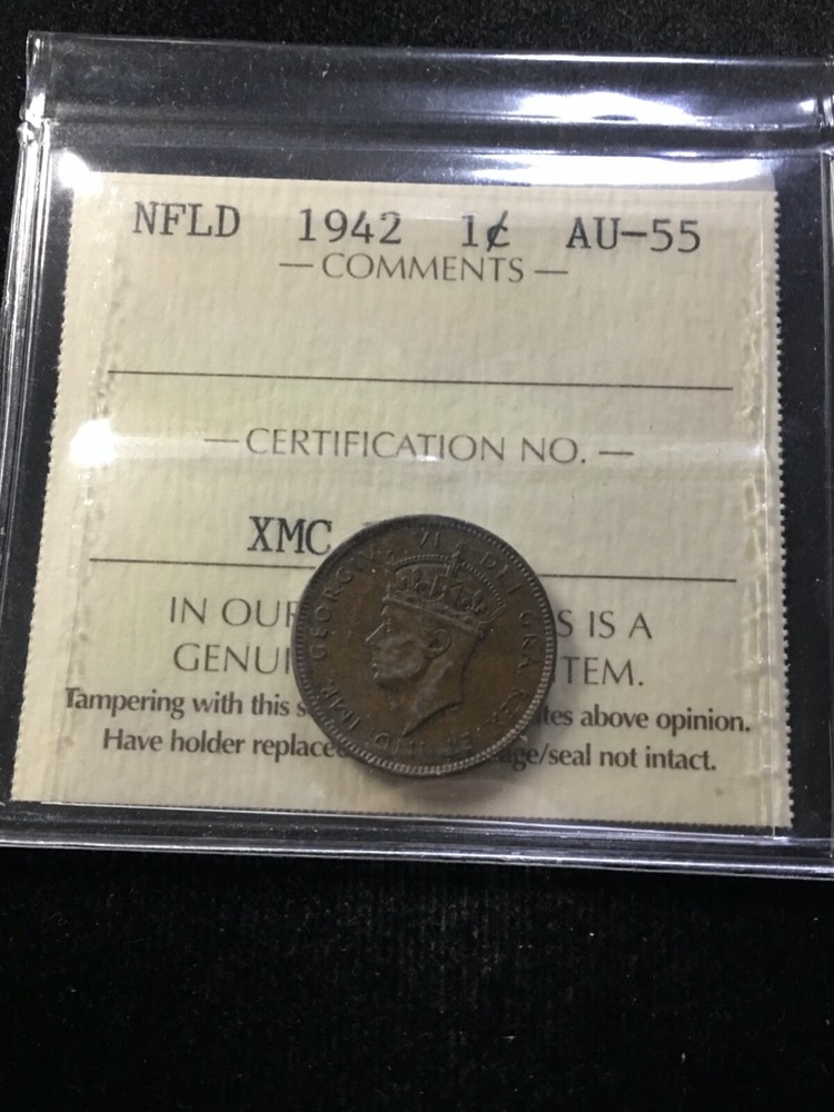 1942  ICCS Graded, Newfoundland  Small One Cent,**AU-55**