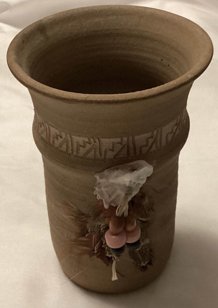 Small Pottery Vase Indian Feathers, Beads, Shell