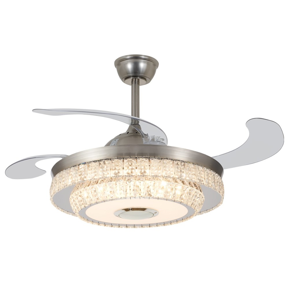 Bluetooth Crystal Ceiling Fan with Light – Retractable Blades, Dimmable LED