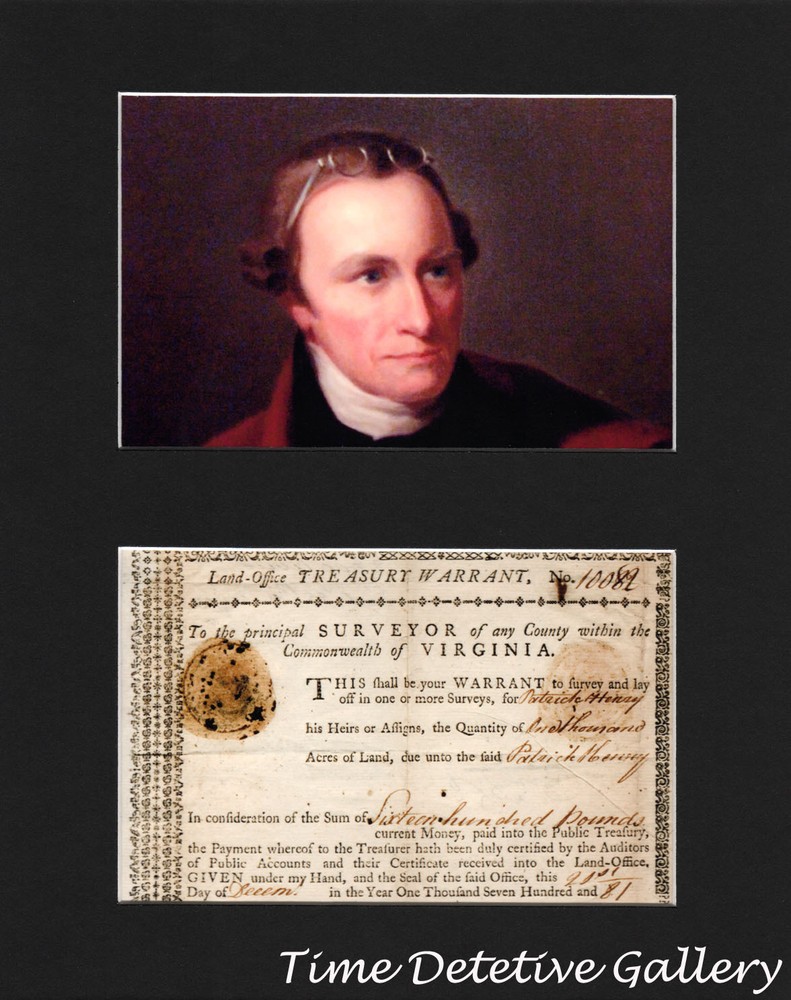 Patrick Henry & Facsimile of His Land Warrant / Deed - Matted Prints