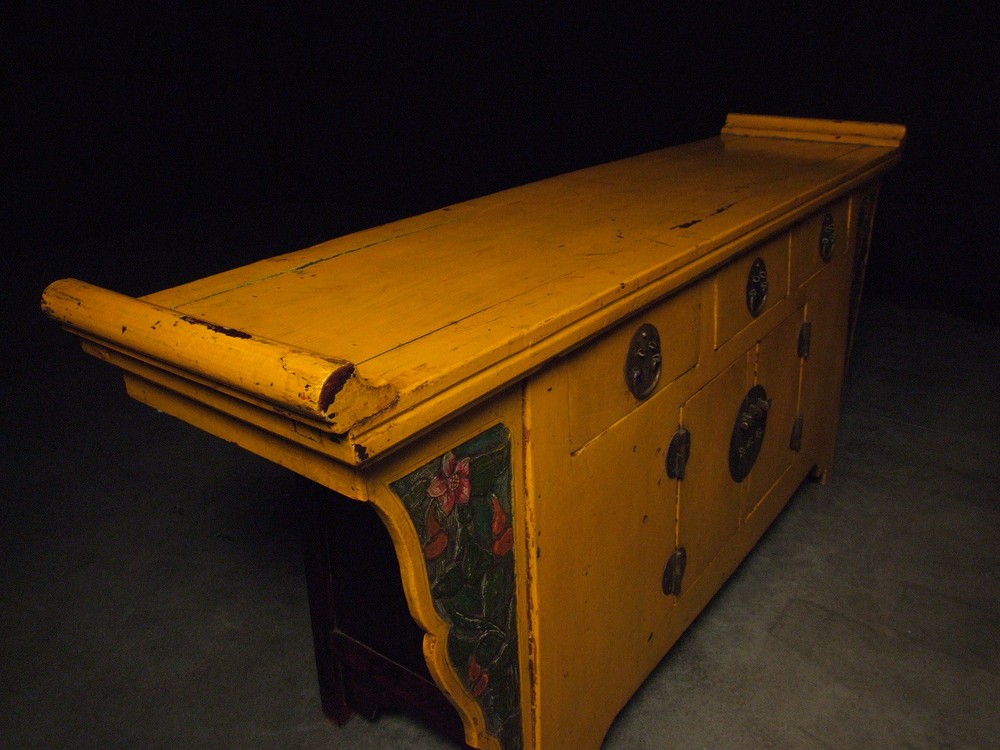 Antique Chinese Yellow Winged Sideboard Buffet Server