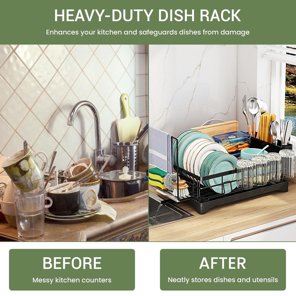 1 Tier Dish Drying Rack with Drainboard – Rust Resistant Iron Kitchen Dish Ra...