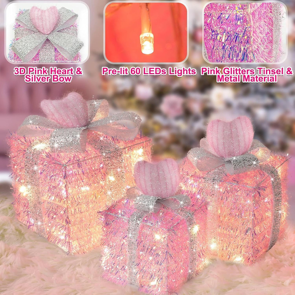 Pink Valentine's Lighted Gift Boxes with Timer, 60 LED, 3 Pack Decor