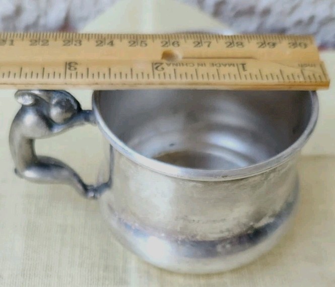 SILVER ON COPPER CHILDS DRINKING CUP W/3 D RABBIT HANDLE MARKS NAME ROXANN