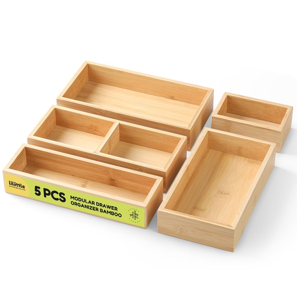 Bamboo Drawer Organizer, 5 Pcs Kitchen Drawer Organizer Set, Multi Purpose Ut...