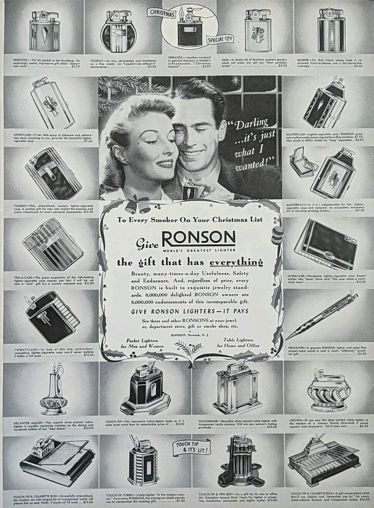 1940 vintage Black And White Ronson lighter Print Ad.