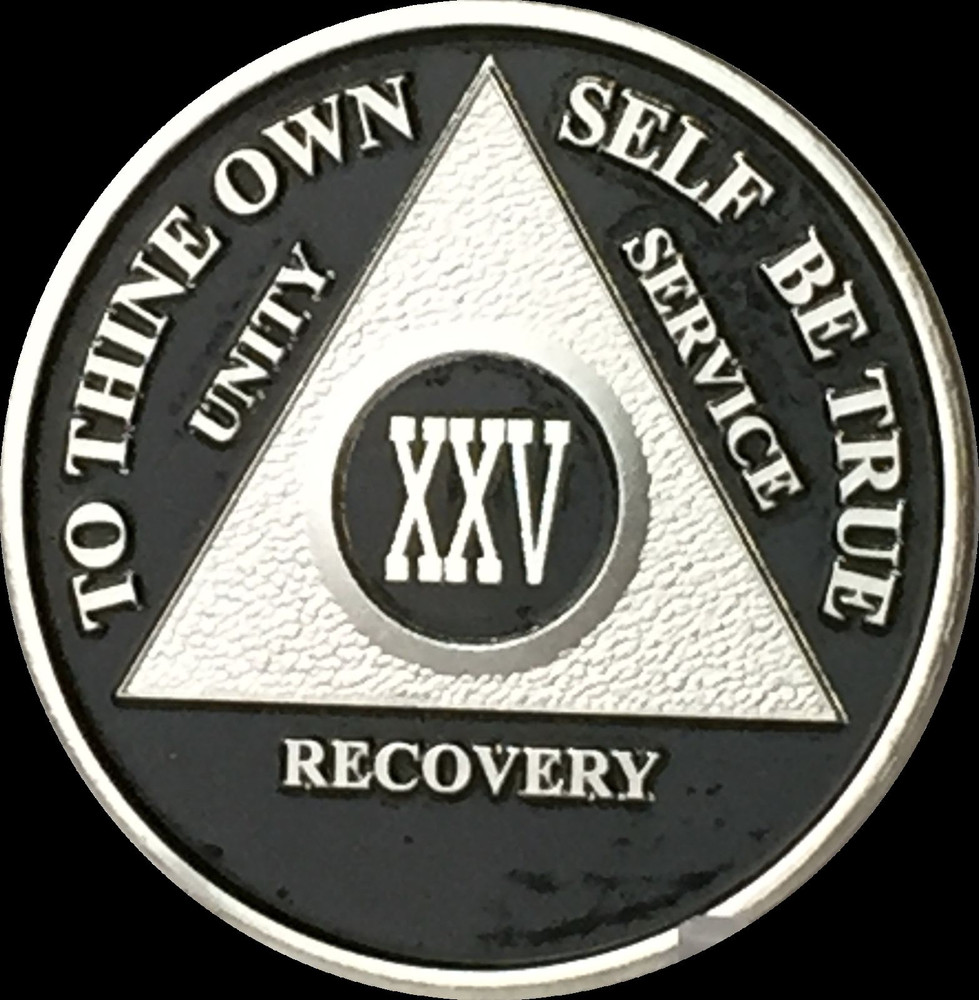 Black & Silver Plated 25 Year AA Chip Alcoholics Anonymous Medallion Twenty Five
