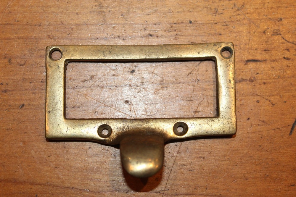 Antique Cast Bronze Bin Apothecary Cupboard Drawer Pull with Label Insert L-83