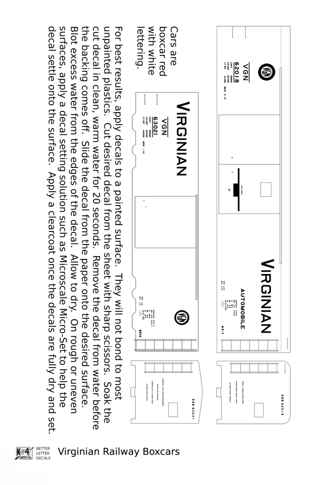 K4 HO Scale Decals Virginian 40 / 50 Ft Boxcar White