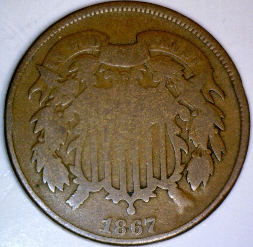 1867 Two Cent Coin VG  FULL BOLD DATE 2 Cents LOT #2c5   NR