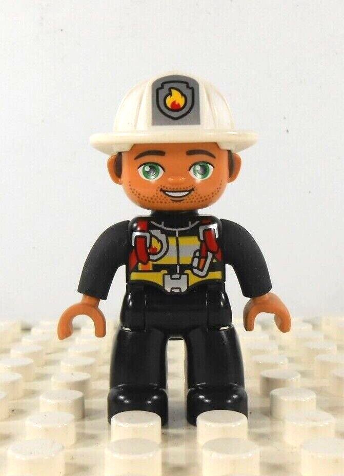 Lego Duplo Figure Fireman white hat (fire on hat) black uniform