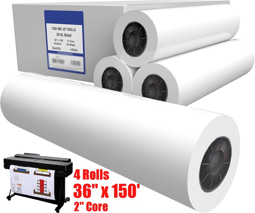 4rolls 36" x 150' 20lb Bond Plotter Paper for Wide Format Inkjet Printers US