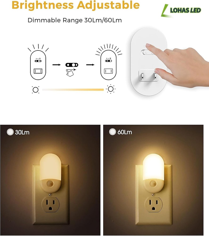 LED Motion Sensor Night Light Plug-In Auto On Off Warm White Adjustable 2 Pack