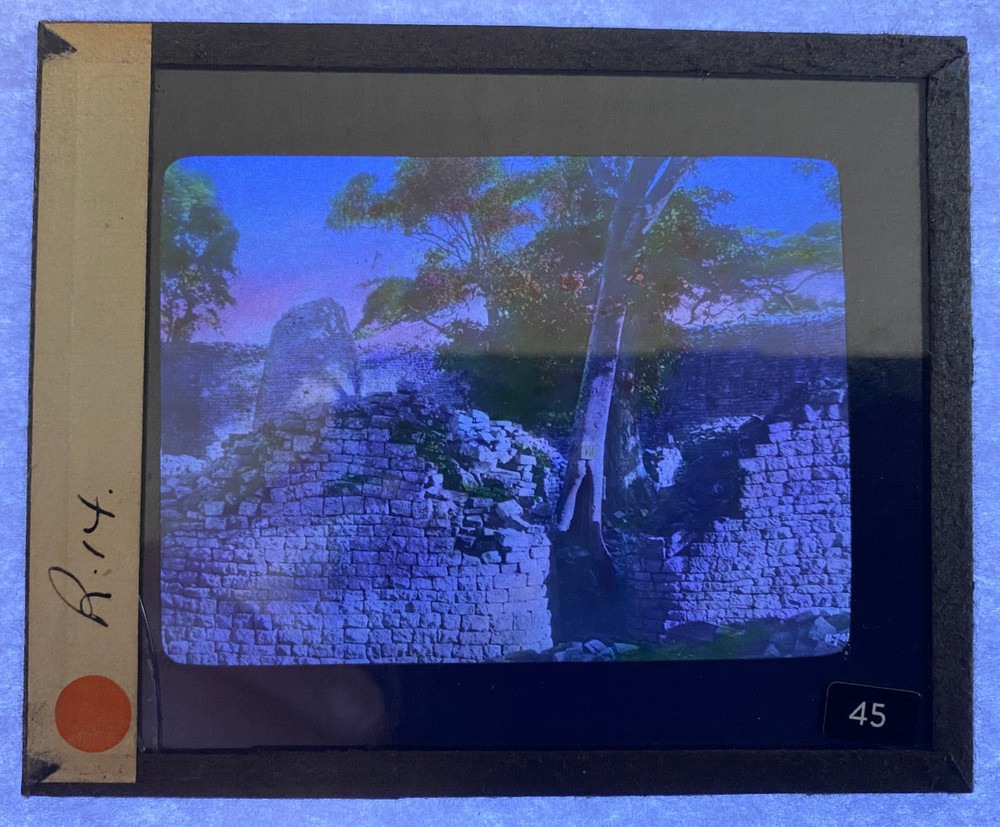 COLORED MAGIC LANTERN SLIDE SOUTH AFRICA WALL & TREE SCENE 1920s