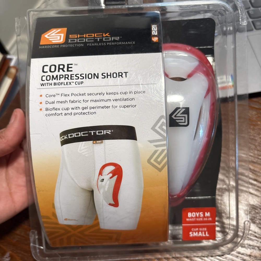 Shock Doctor Core Compression Short with Bioflex Cup Boys Medium 24-26 White NEW