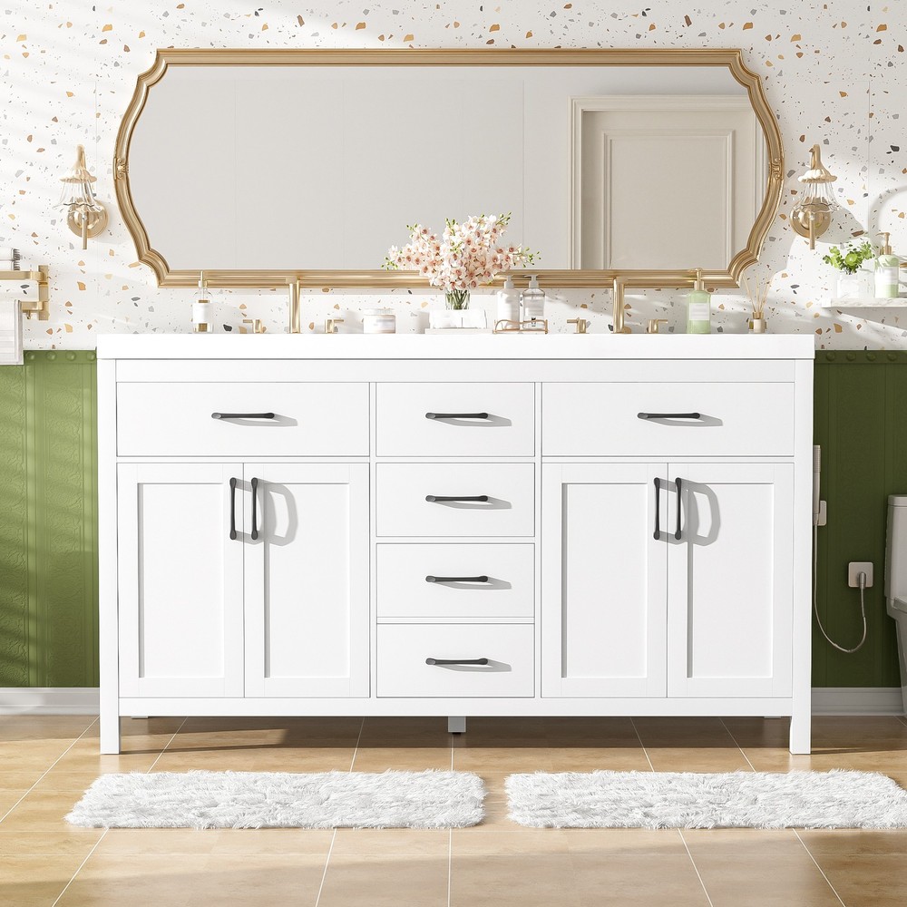 59.3" Bathroom Vanity with Solid Wood Frame, Double SMC Sink,4 Doors, 3 Drawers