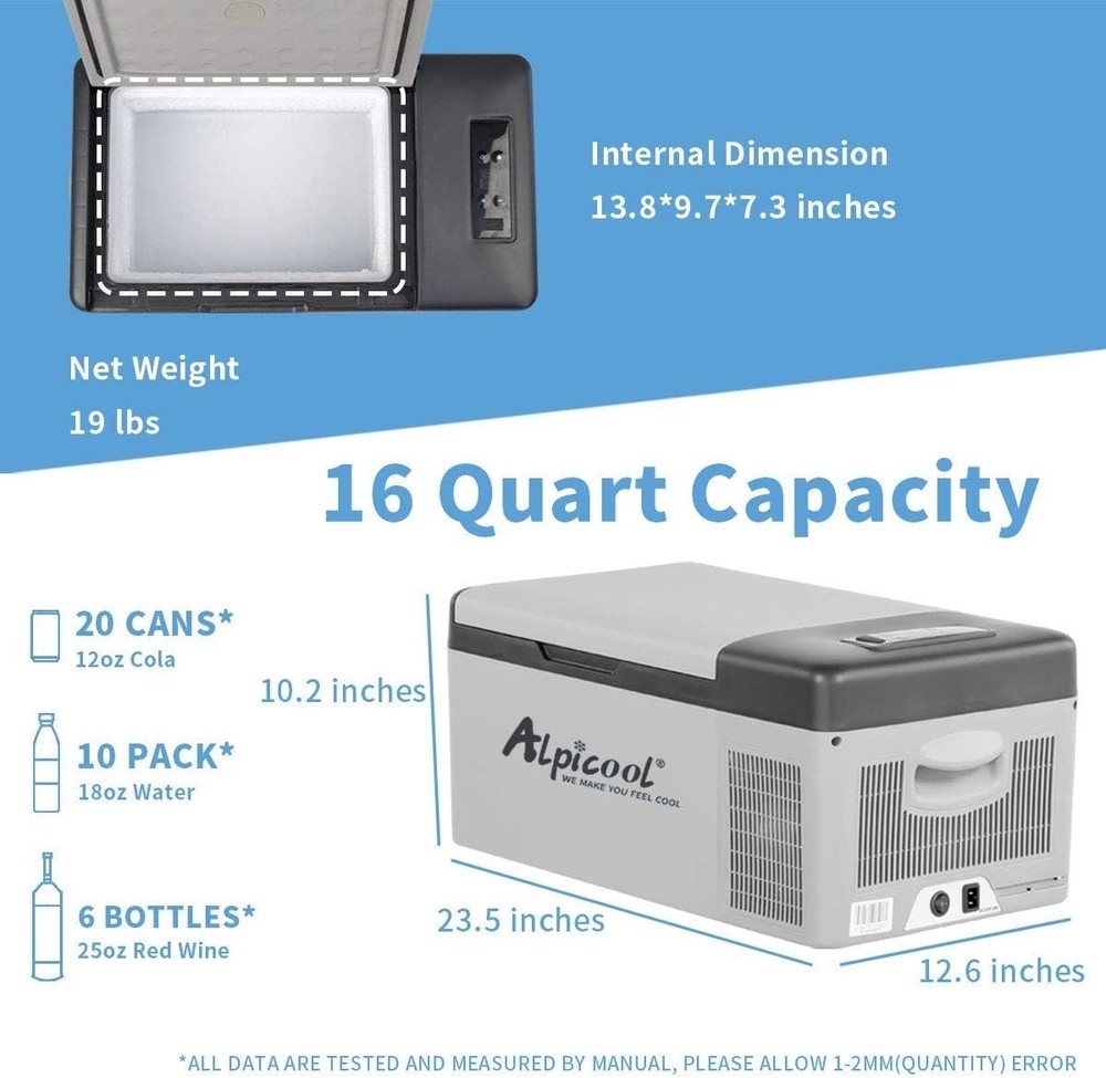 Portable Car Freezer 12V Refrigerator - 16 Quart Capacity