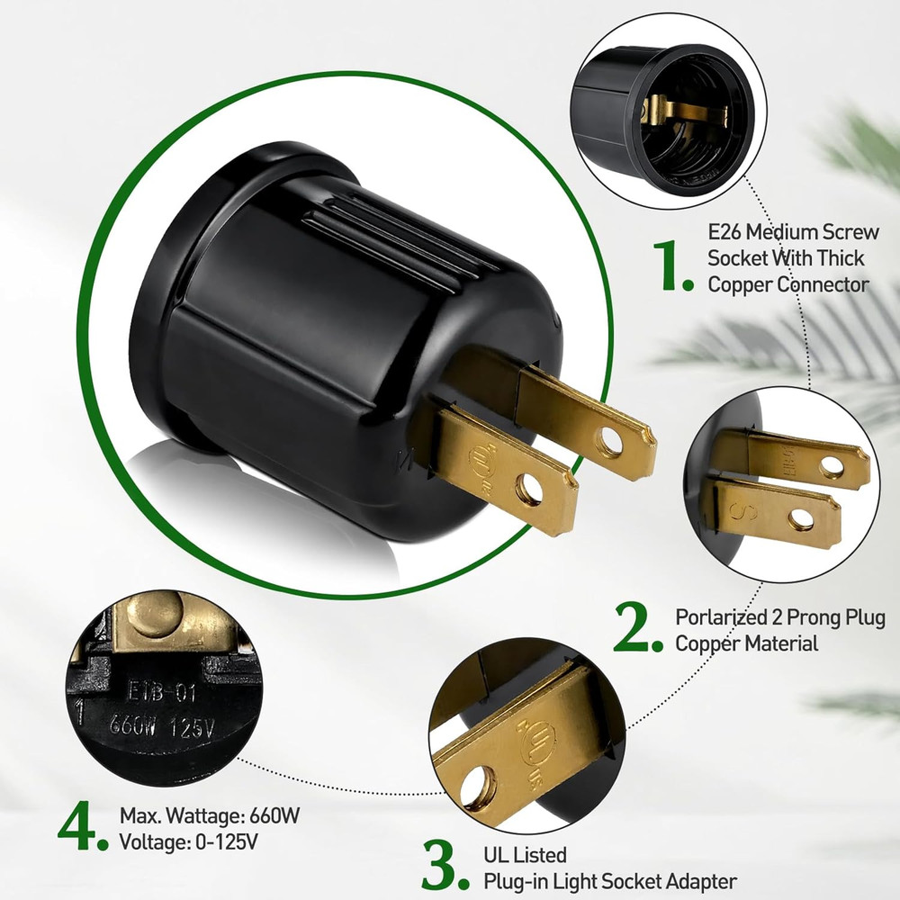 Outlet to Socket Adapter Plugin Light Socket,Convert Outlet to Light Bulb Socket