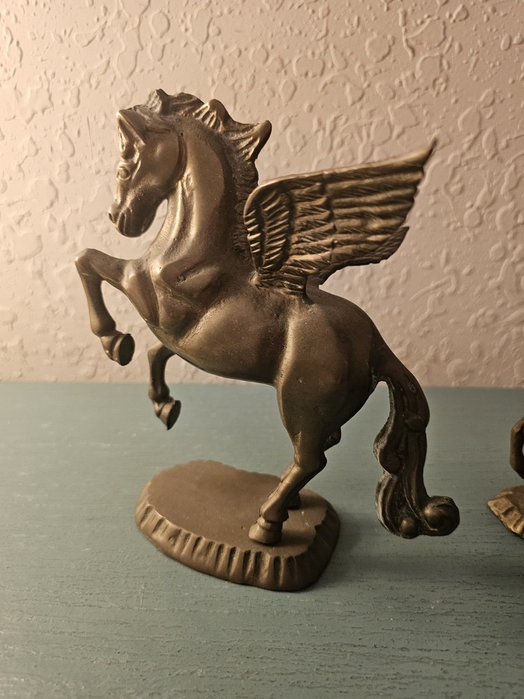 Vintage MidCentury Pair Solid Brass Rearing Pegasus-Very Good