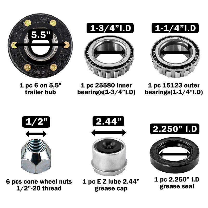 4pcs Trailer Hubs Convert Mobile Home with Bearings 6000# 6 Lug 6x5.5 Idler Axle