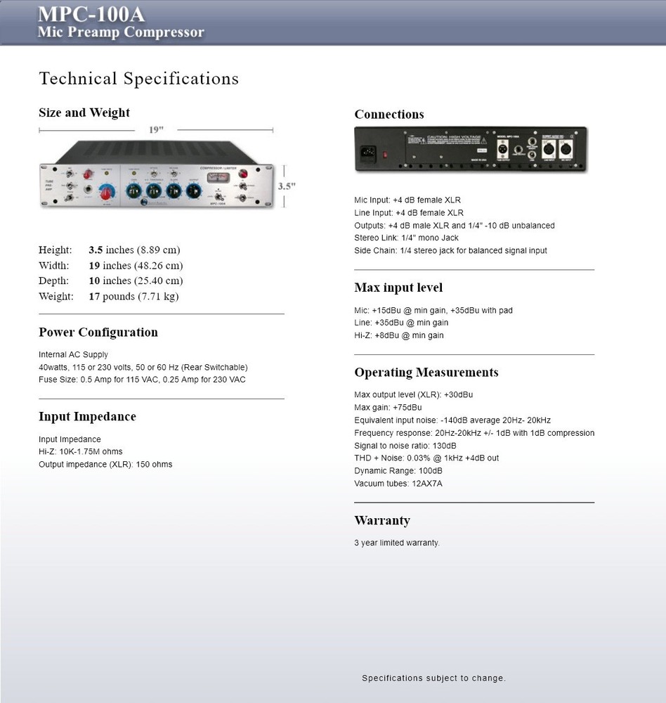 Summit Audio MPC-100A Tube Preamp / Compressor / Limiter