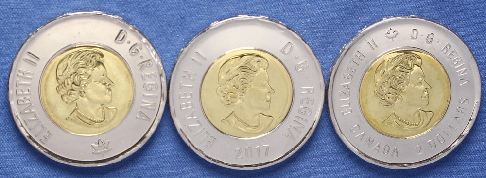 Canada 2017 Toonies - 3 Pack - Classic, 150th Plain , Vimy Ridge - Mint Rolls