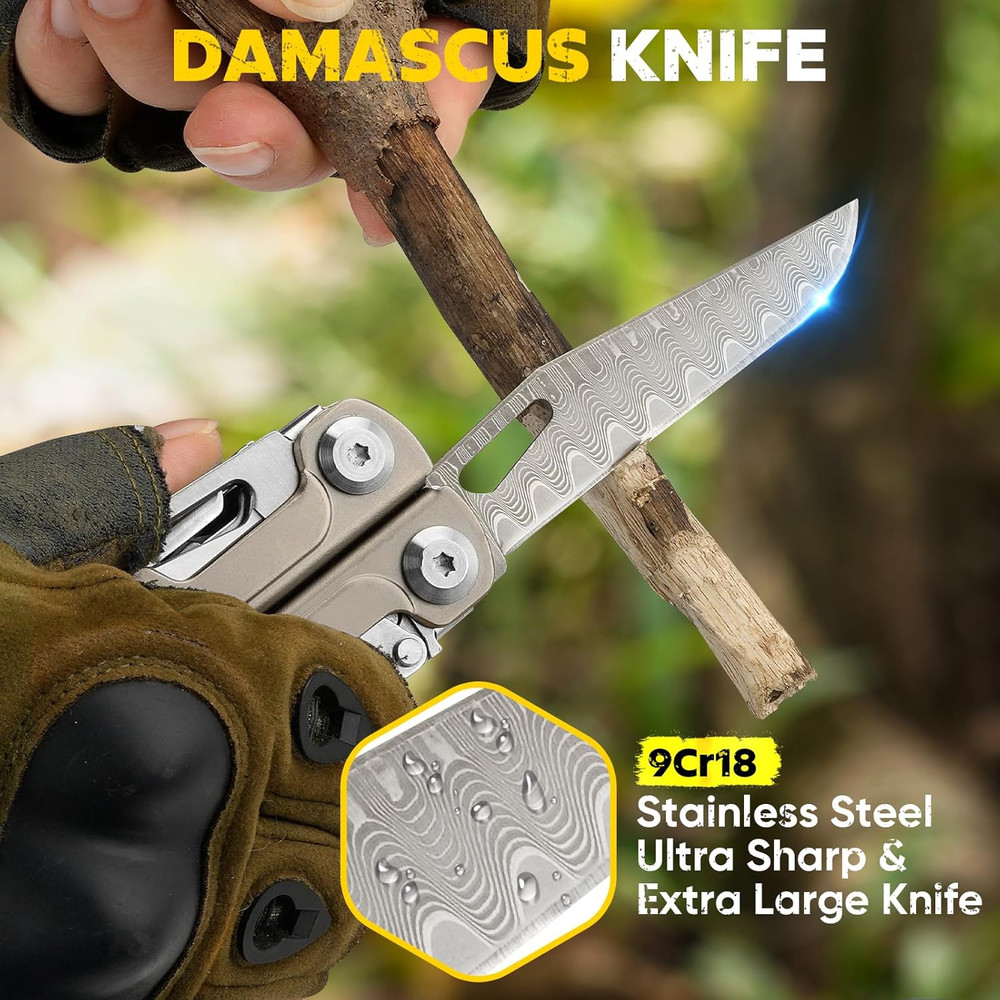 Titanium Alloy Multitool with Damascus Knife, EDC Multi Tools with Replaceable W