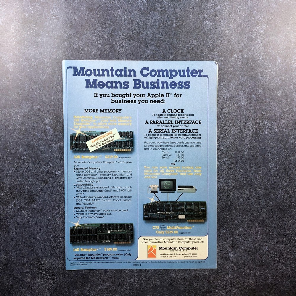 1982 Mountain Computer Apple II Hardware PRINT AD Retro Computers PC