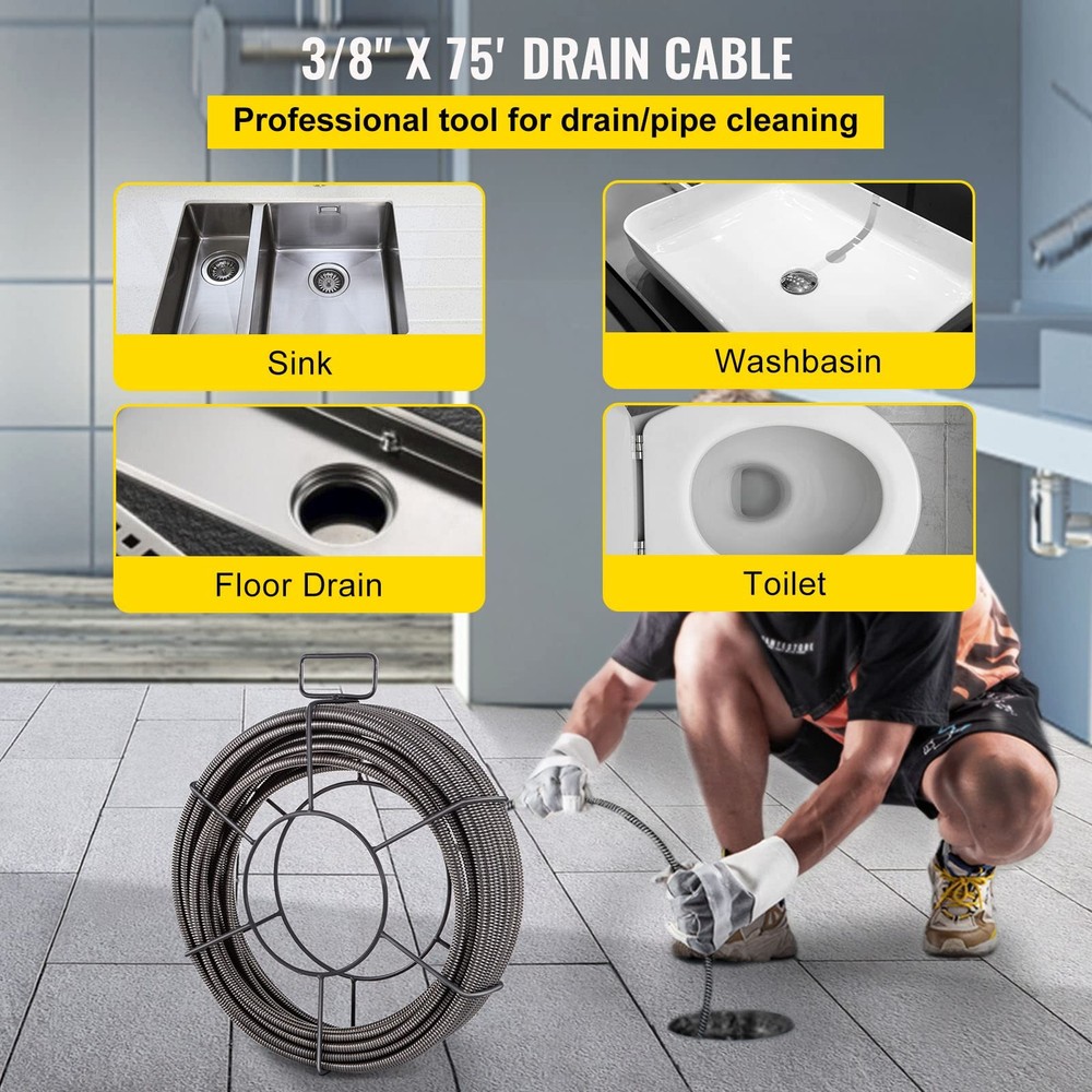 VEVOR Drain Cleaning Cable 75ft x 3/8 inch Solid Core Sewer Black