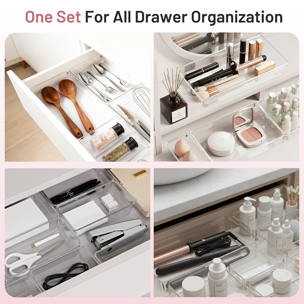 Drawer Organizer, 10 Pack Large Clear Plastic Organizer Bins 5 Sizes, Versati...