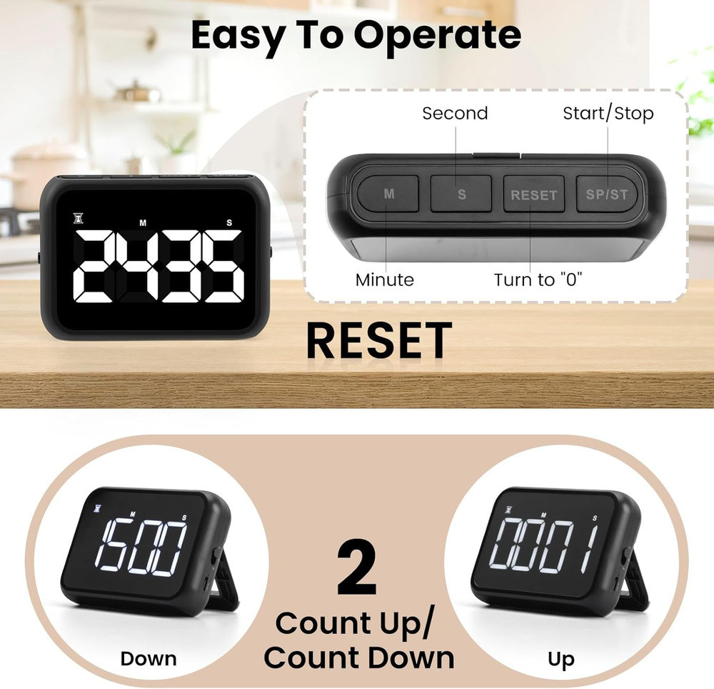 USB Rechargeable Digital Kitchen Timer with Large LCD Display, Black